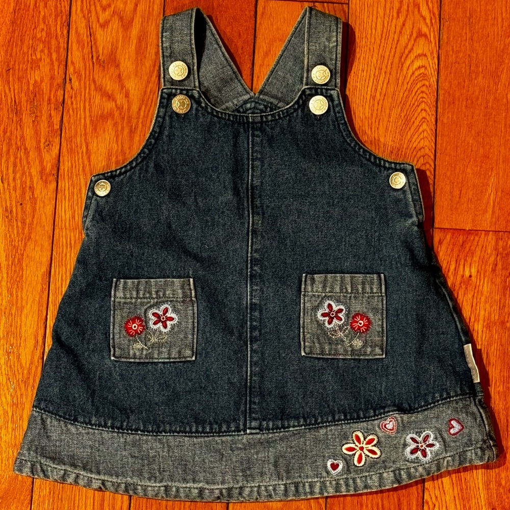 Little Me brand embroidered flowers denim blue Jean dress 18 months
